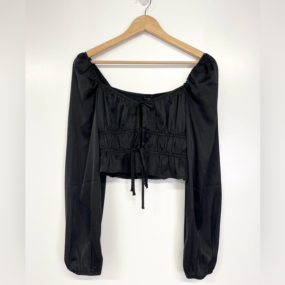 New Black Coquette Milkmaid Crop Top Puff Sleeve Ruched Tie Front Y2K Medium